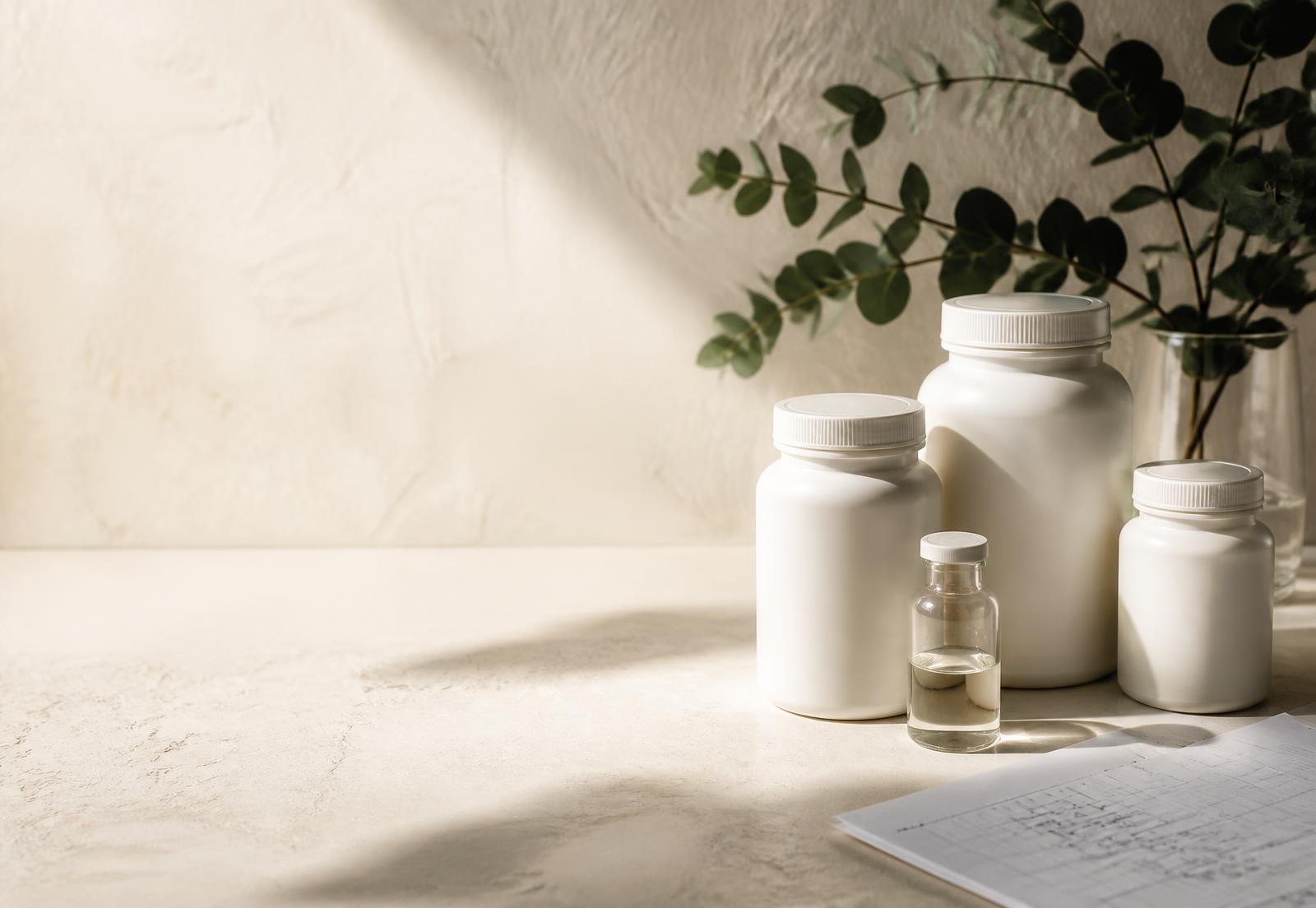 Unbranded supplement containers and a printed lab report in warm natural light